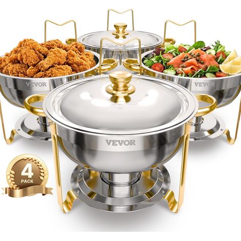 Chauffe-Plat 4PCs 4,6 L, Buffet Chauffant Rond, Réchaud en Acier Inoxydable, avec 4 Bacs Pleine Grandeur, Couvercle et Pince, pour Buffet Libre-Service Banquet Hôtel Traiteur Restauration (1/5)