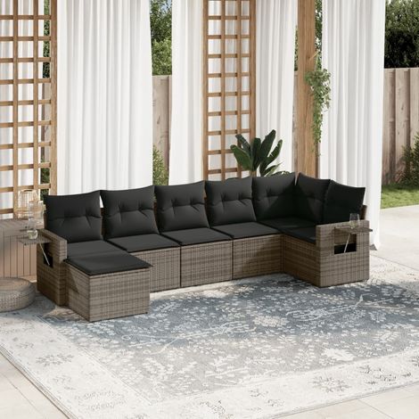 7-tlg. Garten-Sofagarnitur mit Kissen Grau Poly Rattan (1/3)
