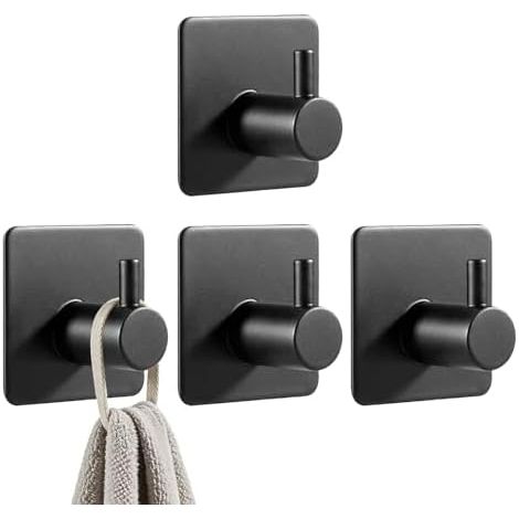 Ganci adesivi da parete – 4 robusti ganci in acciaio inox nero – ganci per asciugamani da cucina e ganci per il bagno da montare dietro le porte – non è necessaria la foratura (1/5)