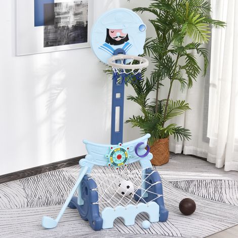 Bleu 58x56x154 cm - Panier de basket avec tribune 4 en 1 Jeu de golf Football avec hauteur réglable Centre d’activités pour enfants +3 ans (1/4)