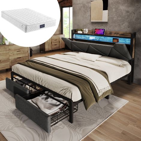 Polsterbett Leinen Grau 140x200 cm mit LED, Stauraum-Kopfteil, USB-C, 2 Schubladen, Matratze und Metall-Lattenrost (1/5)