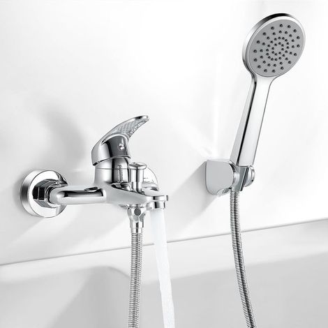 Mitigeur monocommande Bain Douche Chromé, Mitigeur Baignoire avec Douchette et Flexible de Douche (1.5m) Support, Mitigeur Douche Mural, Robinet Baignoire Universel Filetage 1/2" (1/5)