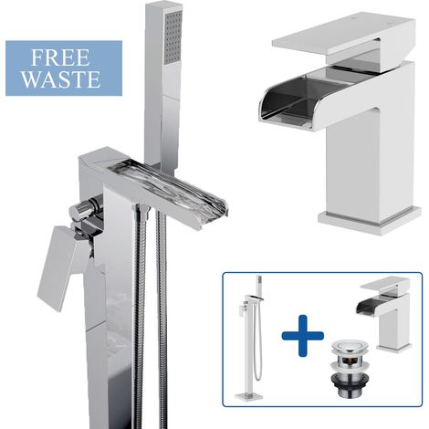 Freestanding Floor Mounted Waterfall Square Bath Shower Mixer & Basin Tap Set (1/5)