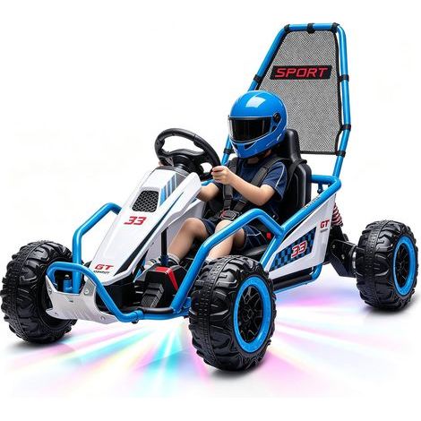 Karting Electrique Enfant 6-12 Ans, Roues Durables, Frein, Lumières LED et Musique, Bleu