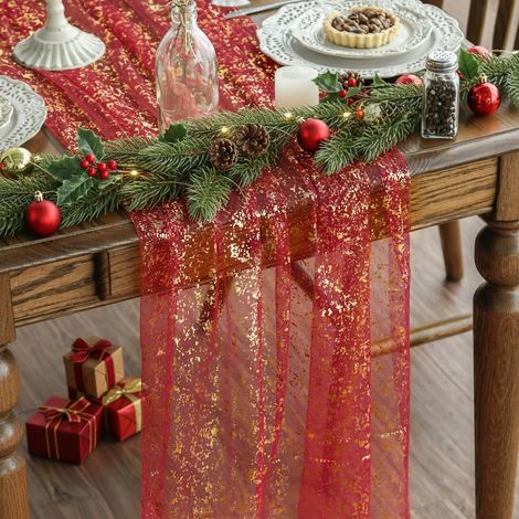 Artoid Mode Gaze Tulle Rouge Or Chemin de Table 70x300 cm, Feuille d’Or pour décoration cuisine intérieur, anniversaires, mariages, (1/5)