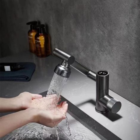 Robinet de lavabo couleur canon de fusil, multifonctionnel, pivotant universel, avec affichage numérique intelligent, robinet d'eau chaude et froide pour meuble-lavabo - Gris canon de fusil