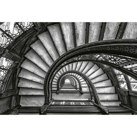 Papier peint panoramique gris 3D | Tapisserie panoramique vintage escaliers | Papier peint panoramique pour cage d'escalier & couloir - 384 X 260 cm (8 pièces) (1/2)