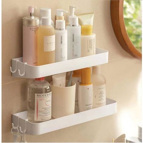 Étagère Salle De Bain Sans Perçage - Plastique HI-PS - Blanc - 30 x 11 x 5,7 cm - Charge Max 7 kg - Lot De 2 (1/5)