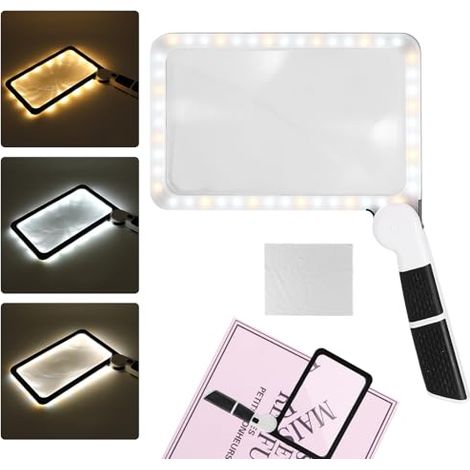 Lente d'ingrandimento rettangolare 5X, grande lente d'ingrandimento con 48 luci LED, lente d'ingrandimento pieghevole e portatile con 3 colori di illuminazione, ricaricabile tramite USB per anziani e 