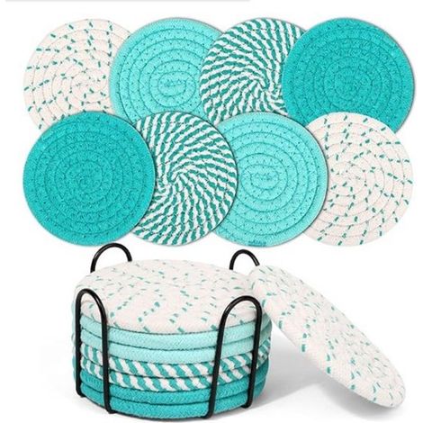 Set mit 8 Untersetzern (inkl. Aufbewahrungsgestell), wasserabsorbierende Untersetzer, für Couchtische, minimalistisches Set aus gewebten Baumwoll (1/5)