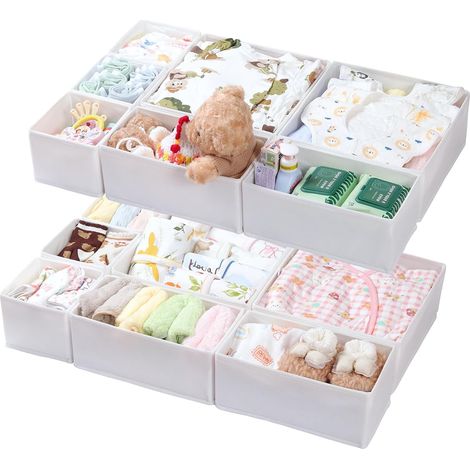 Organisateur Tiroir 14 Pièces – Compatible Commode Malm, Boîtes de Rangement Pliables en Tissu, Séparateurs pour Vêtements, Sous-vêtements, Chaussettes et Bébé – Blanc (1/5)