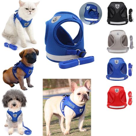 MINKUROW Katzen-Kätzchen-Geschirr mit verstellbarer Anti-Flucht-Leine mit reflektierenden Streifen, Geschirr für Welpen, kleine Hunde, Chihuahua-Weste, Katzen, atmungsaktiv, Outdoor-Gehen (S, Blau) (1/5)