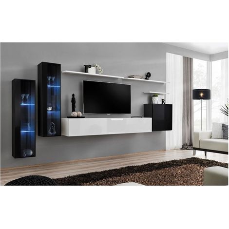 Ensemble mural - Switch XI - 2 vitrines LED noires + banc TV blanc + 1 vitrine carrée noire + 3 étagères blanches - Livraison gratuite