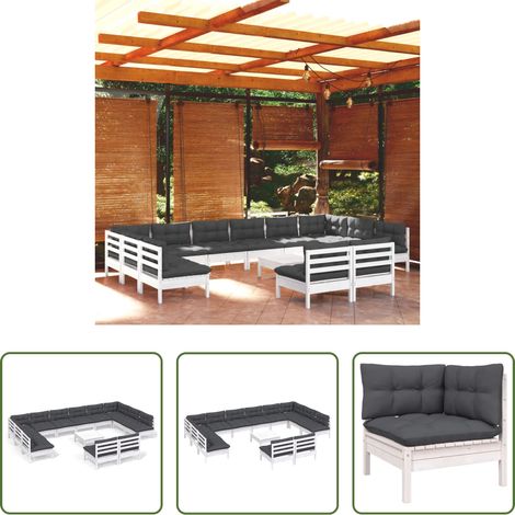 Terrassensofa - 13-tlg. Garten-Lounge-Set mit Kissen Weiß Kiefer Massivholz (1/5)
