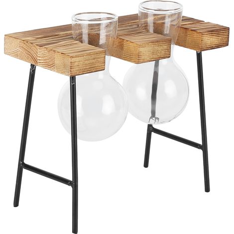 Pot de fleurs de bureau en verre avec support en bois, vase en verre pour plantes hydroponiques, idéal pour la maison, le bureau et le jardin (2 bouteilles). (1/5)