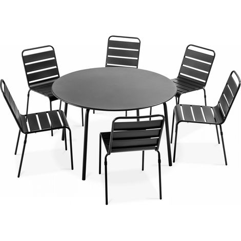 Oviala – Ensemble table ronde 120 cm et 6 chaises en acier thermolaqué – Traitement anti-corrosion et anti-UV – Pour repas en extérieur