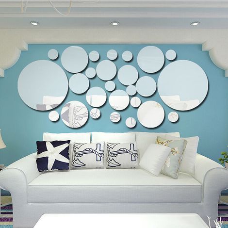 Miroir autocollant mural 15 cm 26 cercles, matrice de points 3D ronde salon chambre TV fond décoration murale miroir autocollant argent (1/5)