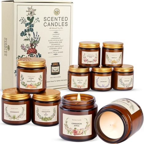 Coffret cadeau bougies parfumées 10 pièces cire de soja avec 10 parfums, 250 heures de combustion
