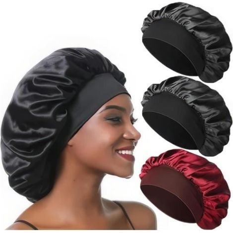 3er-Pack Schlafhauben, Satinhauben für lockiges Haar, Hauben mit lockerem und festem Band (Schwarz + Rot) (1/4)