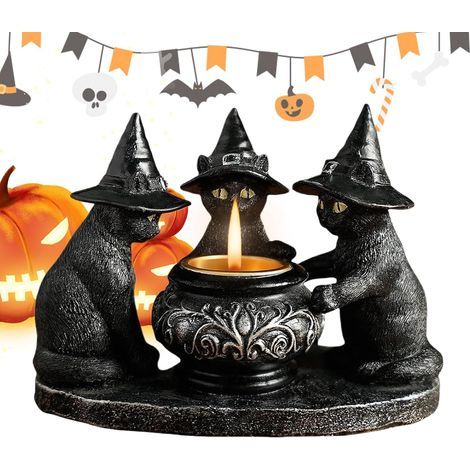 Halloween candle holder, witch cat candle holder, gothic decoration, ornament, centerpiece, home decor, perfect for the kitchen, dining room, bedroom, living room, fireplace (1/5)