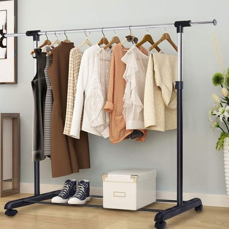 COSTWAY Single Rail Garment Rack,(86-139) x 42 x (92-168)cm,Adjustable Metal Coat Hanger Storage Unit with Wheels and Bottom Shelf, Mobile Clothing Display Organiser Stand (1/5)