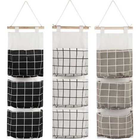 3Pcs Sac de Rangement Suspendu avec 3 Poches Étagère Mural en Tissu Panier Pochette de Rangement Organisateur pour Chambre Salle de Bain CuisineÉtanche & Élégant (Noir/Gris/Blanc) (1/5)