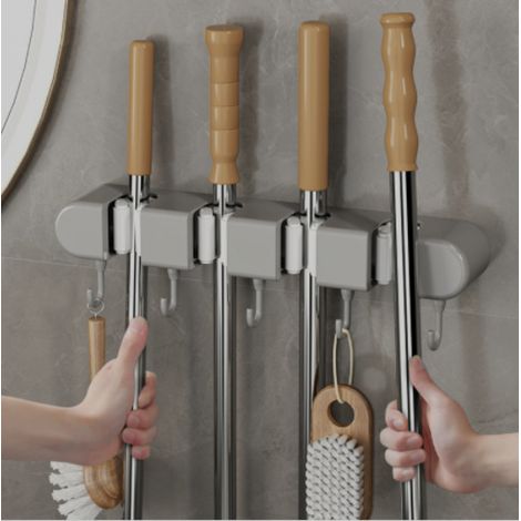 YMYNY Besenhalter zur Wandmontage/KEIN BOHREN/ 4 Halterungen + 5 Haken – Besenhalter, wasserfester Besenhalter zur Wandmontage, Besenaufbewahrung, Besenclip, Badezimmer-Organizer (1/5)