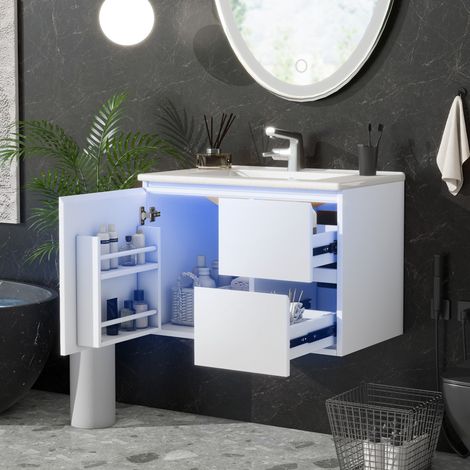 Meuble vasque suspendu 76x46x50 cm avec lavabo céramique, LED radar, blanc, REDOM (1/5)