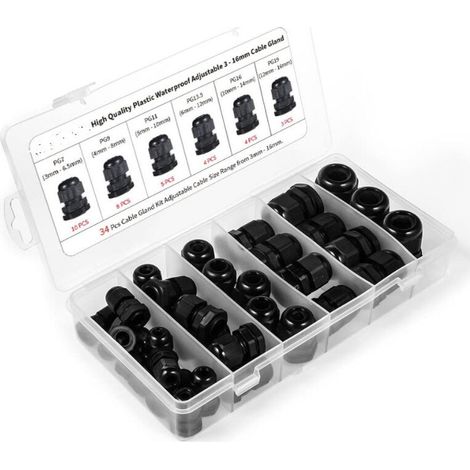 Kabelverschraubungen, Packung mit 34 wasserdichten Kunststoff-Kabelverschraubungen, PG7, PG9, PG11, PG13,5, PG16, PG19