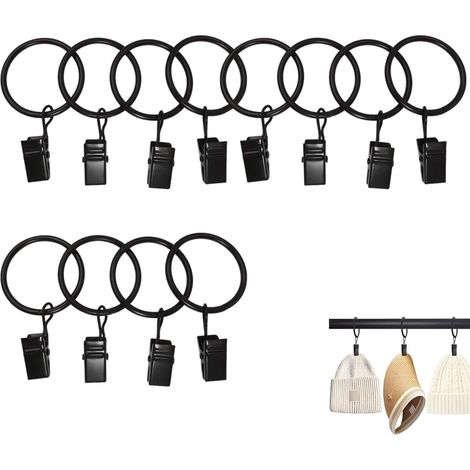 Lot de 12 Anneaux de Rideaux avec Pinces, Anneaux Métalliques pour Rideaux, Supports pour Tringles (Diamètre Intérieur 2,5 cm, Convient aux Tringles jusqu'à 2,5 cm) (Noir) (1/5)