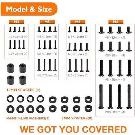 Kit de Montage TV Universel VESA M4/M5/M6/M8 avec Rondelles et Entretoises, pour Téléviseurs Moniteurs jusqu’à 80 Pouces, Compatible Supports Muraux Socles, Noir - (1/5)