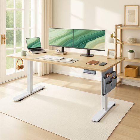 Bureau Réglable en Hauteur, 180 x 80 cm, Fonction Mémoire, Port USB-C, Couleur Chêne