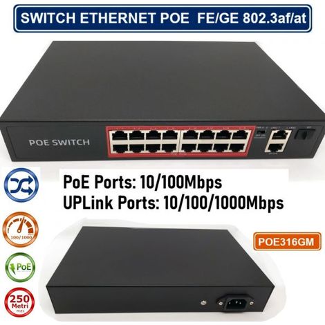 SWITCH POE ETHERNET 16 PORTE POE + 2 PORTE RJ45 10/100/1000 MBPS + 1 SFP 3AF/3AT (1/4)