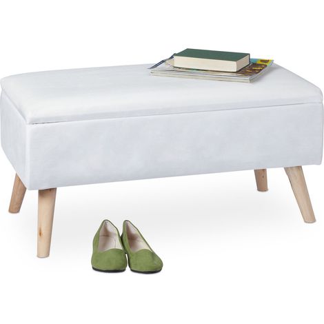 Relaxdays ottoman storage bench, velvet upholstery, 40 l capacity, padded seat, wooden legs, seating furniture, white