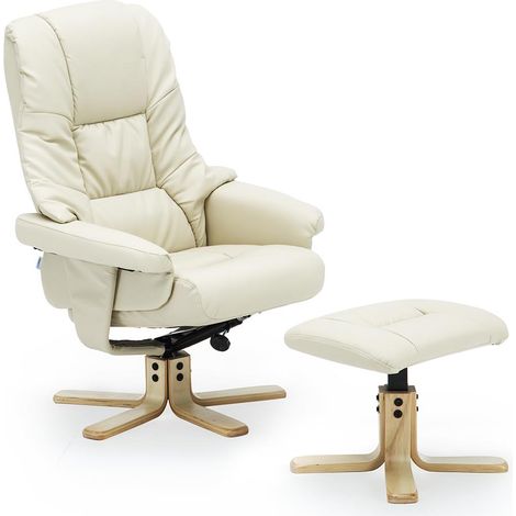 SORENTO REAL LEATHER CREAM SWIVEL RECLINER CHAIR w FOOT STOOL (1/5)
