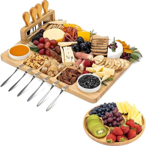 Plateau Apéritif en Bambou – Planche à Tapas et à Fromage – avec Couteaux, Fourchettes, Coupelles et Plateau Supplémentaire (1/5)
