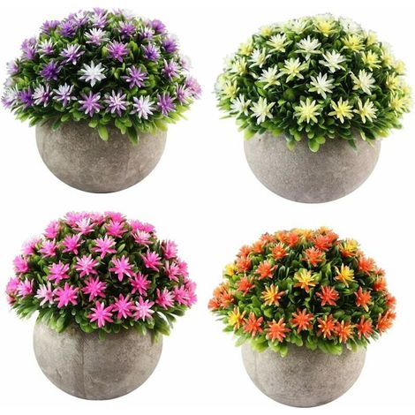 Set di 4 piccole piante di fiori artificiali con vaso, decorazione per interni/esterni (arancione, rosa, giallo, viola)
