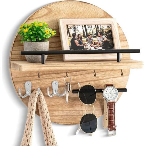 Porte-clés mural décoratif en bois – plateau de rangement intégré – crochets multiples pour clés et accessoires,Marron clair (1/5)