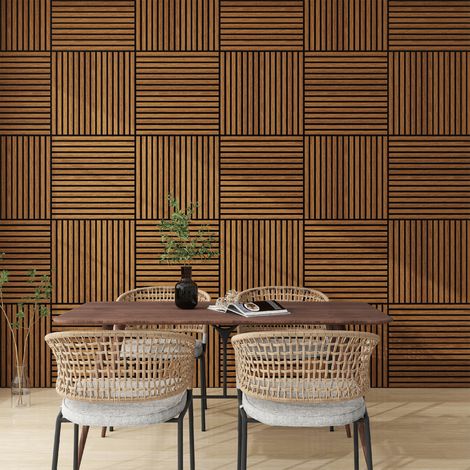 Set Vang di 4 Pannelli Murali 3D Fonoassorbenti 60x60 cm a Listelli Dritti Copertura 1,44 m² - Effetto Legno Teak NEU.HOLZ