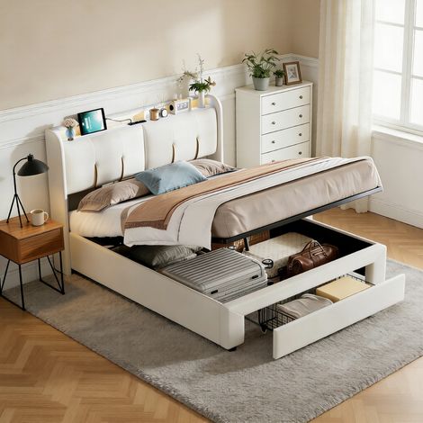 Lit capitonné 140×200 cm avec Sommier LED et USB, Lit coffre 140×200 avec rangement, lit double adulte, velours, beige (1/5)