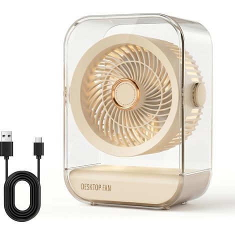 Ventilador de mesa USB con batería recargable de 2400 mAh, ventilador portátil a batería, 5 velocidades, funcionamiento silencioso, rotación de 360°, para el hogar, la oficina y el dormitorio. (1/5)