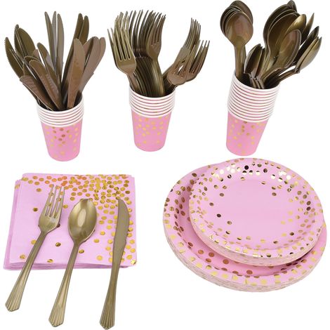 Kit fête jetable, Assiettes en papier, Pois or rose, Couverts inclus, Mariage anniversaire (1/5)