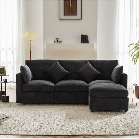 Divano ad Angolo 216x161x81 cm in Ciniglia Grigia, Pouf Mobile Convertibile in Sedia, 4 Posti (1/5)