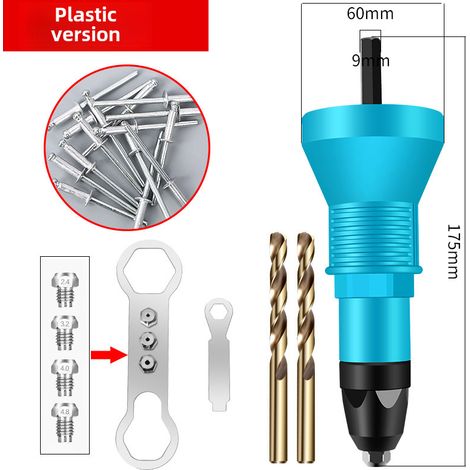 pistolet à riveter électrique, tête de conversion, cloueuse pneumatique, machine à riveter, pistolet à riveter pneumatique, pistolet à riveter à écrous (coque en plastique, 200 rivets, 2 forets hélico (1/5)