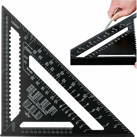 MINE 12 Pouces Équerre Triangle Règle d'angle en Metrique Speed Square Équerre de Charpentier Equerre Menuisier en Alliage d'aluminium comme Rapporteur Chanfrein Règle Droite - Noir (1/4)