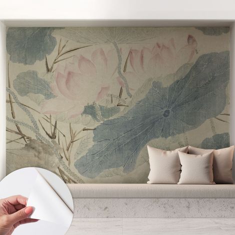 Papier peint adhésif décoratif avec colle pour salon chambre et bureau Installation rapide Feuilles de lotus 208x146 cm (1/5)
