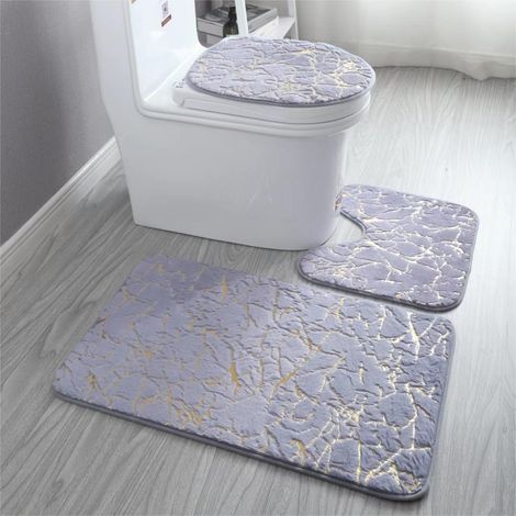 Badematte aus ultra-weichem Kunst-Kaninchenfell mit goldener Verzierung – 3-teiliges Set für das Badezimmer (50 x 80 cm, 40 x 50 cm U-Form, 38 x 46 cm für WC-Deckel) – Moderner Stil, rutschfest, pfleg