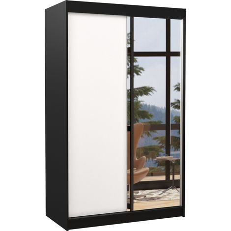 Petite armoire de chambre noir 2 portes coulissantes 1 bois blanc 1 miroir Roxane 120cm (1/5)