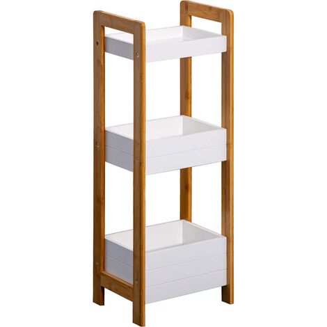 Rebecca Mobili Estante de la escalera de baño Gabinete de piso 3 Estantes MDF Bambu Blanco (1/5)
