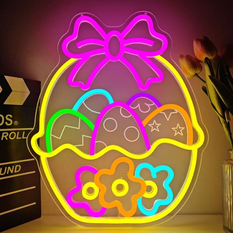 Néon de Pâques, guirlande lumineuse LED œuf de Pâques, intensité variable, idéal pour les fenêtres, les fêtes, le printemps, les bars, la maison et les commerces (1/5)